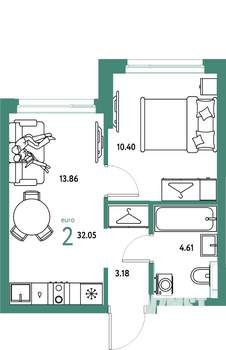 2-к квартира, строящийся дом, 32м2, 10/24 этаж
