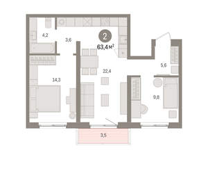 2-к квартира, вторичка, 63м2, 3/15 этаж