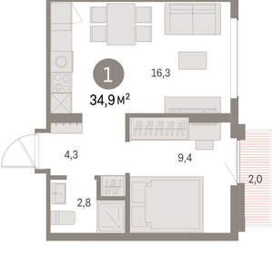 1-к квартира, вторичка, 35м2, 6/9 этаж