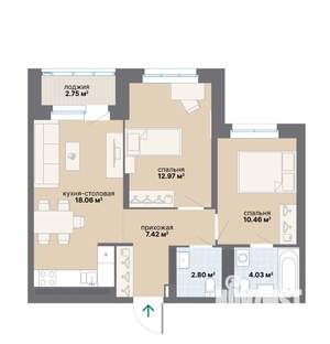 2-к квартира, вторичка, 58м2, 22/25 этаж
