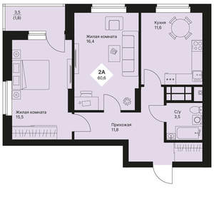 2-к квартира, вторичка, 61м2, 16/25 этаж