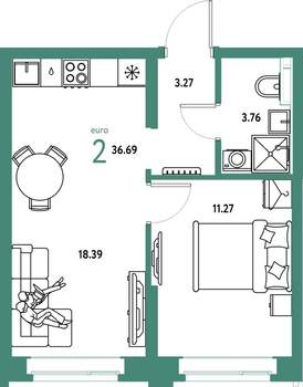 2-к квартира, строящийся дом, 37м2, 3/24 этаж