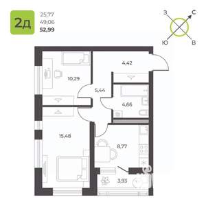 2-к квартира, вторичка, 53м2, 19/23 этаж