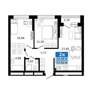 2-к квартира, строящийся дом, 57м2, 3/27 этаж