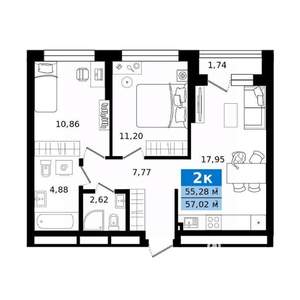 2-к квартира, строящийся дом, 57м2, 7/23 этаж