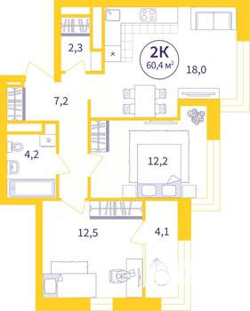 2-к квартира, сданный дом, 58м2, 19/25 этаж