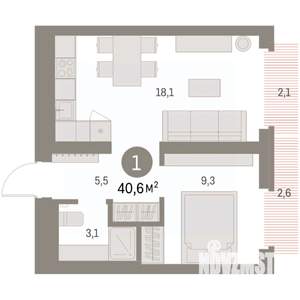 1-к квартира, вторичка, 42м2, 5/9 этаж