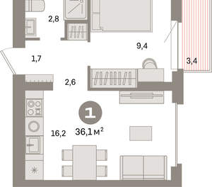 1-к квартира, вторичка, 36м2, 9/9 этаж