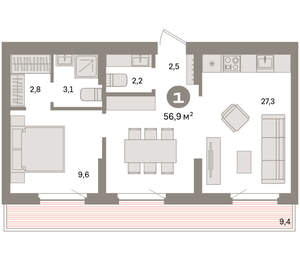 1-к квартира, вторичка, 57м2, 8/9 этаж