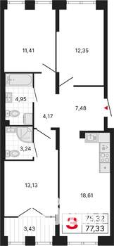 3-к квартира, вторичка, 79м2, 1/25 этаж