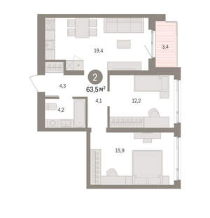 2-к квартира, вторичка, 64м2, 4/15 этаж