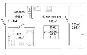 1-к квартира, строящийся дом, 31м2, 14/25 этаж