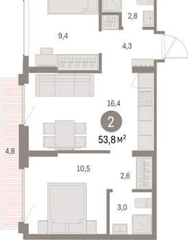 2-к квартира, вторичка, 54м2, 5/9 этаж