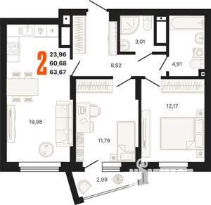 2-к квартира, строящийся дом, 64м2, 13/25 этаж