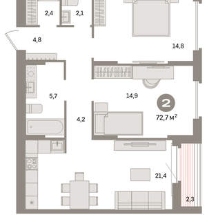 2-к квартира, вторичка, 73м2, 10/16 этаж