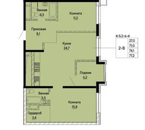 2-к квартира, вторичка, 74м2, 6/13 этаж