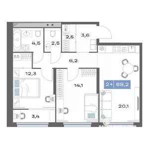 2-к квартира, строящийся дом, 69м2, 11/25 этаж