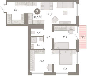 2-к квартира, вторичка, 74м2, 6/8 этаж
