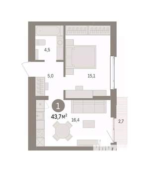 1-к квартира, вторичка, 44м2, 4/7 этаж