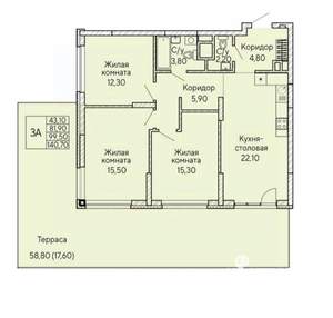 3-к квартира, вторичка, 100м2, 1/22 этаж