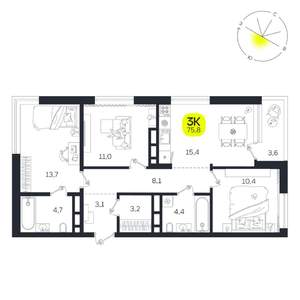 3-к квартира, вторичка, 76м2, 23/27 этаж