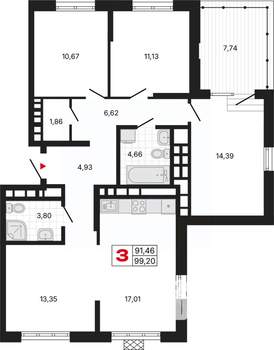 3-к квартира, вторичка, 99м2, 18/20 этаж