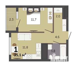 1-к квартира, строящийся дом, 35м2, 27/32 этаж