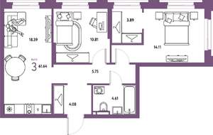 3-к квартира, вторичка, 62м2, 6/20 этаж