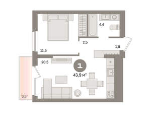 1-к квартира, вторичка, 44м2, 2/17 этаж