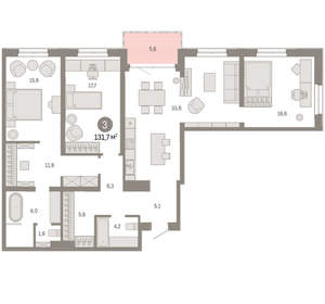 3-к квартира, вторичка, 132м2, 6/24 этаж