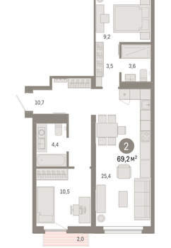 2-к квартира, вторичка, 69м2, 9/9 этаж