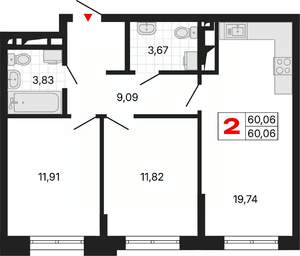 2-к квартира, вторичка, 60м2, 13/25 этаж