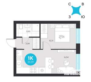 1-к квартира, строящийся дом, 33м2, 16/23 этаж