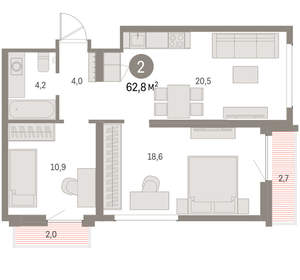 2-к квартира, вторичка, 63м2, 5/9 этаж