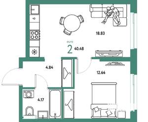 2-к квартира, строящийся дом, 40м2, 20/24 этаж