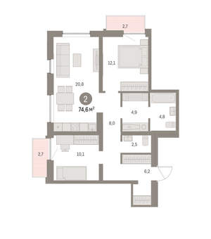 2-к квартира, вторичка, 75м2, 3/16 этаж