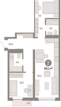 2-к квартира, вторичка, 69м2, 5/9 этаж