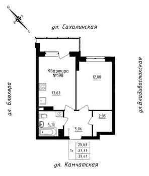 1-к квартира, строящийся дом, 39м2, 17/25 этаж