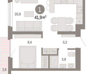 1-к квартира, вторичка, 42м2, 7/9 этаж