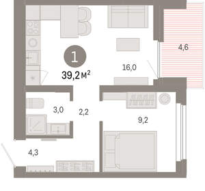 1-к квартира, вторичка, 39м2, 9/9 этаж