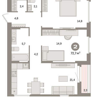 2-к квартира, вторичка, 73м2, 12/16 этаж