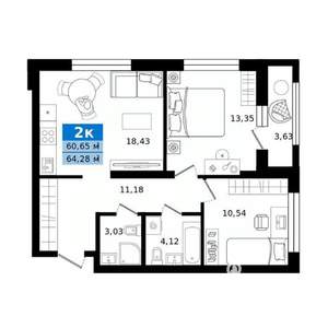 2-к квартира, строящийся дом, 64м2, 2/27 этаж