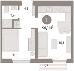 1-к квартира, вторичка, 34м2, 6/9 этаж