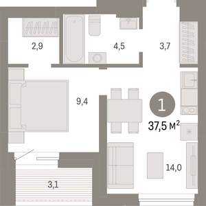 1-к квартира, вторичка, 38м2, 3/7 этаж