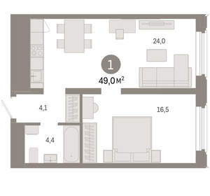 1-к квартира, вторичка, 49м2, 13/24 этаж