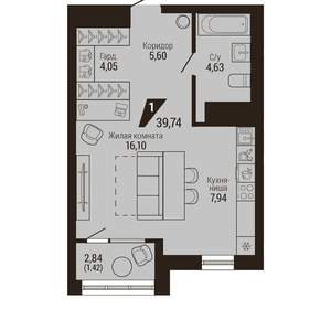 1-к квартира, вторичка, 40м2, 20/23 этаж