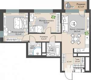 2-к квартира, строящийся дом, 74м2, 27/30 этаж