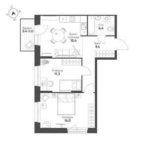 2-к квартира, строящийся дом, 58м2, 7/16 этаж