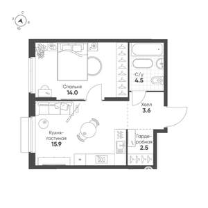 1-к квартира, строящийся дом, 41м2, 4/25 этаж