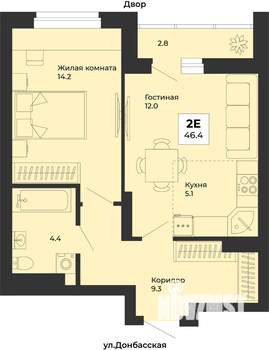 2-к квартира, строящийся дом, 46м2, 14/25 этаж